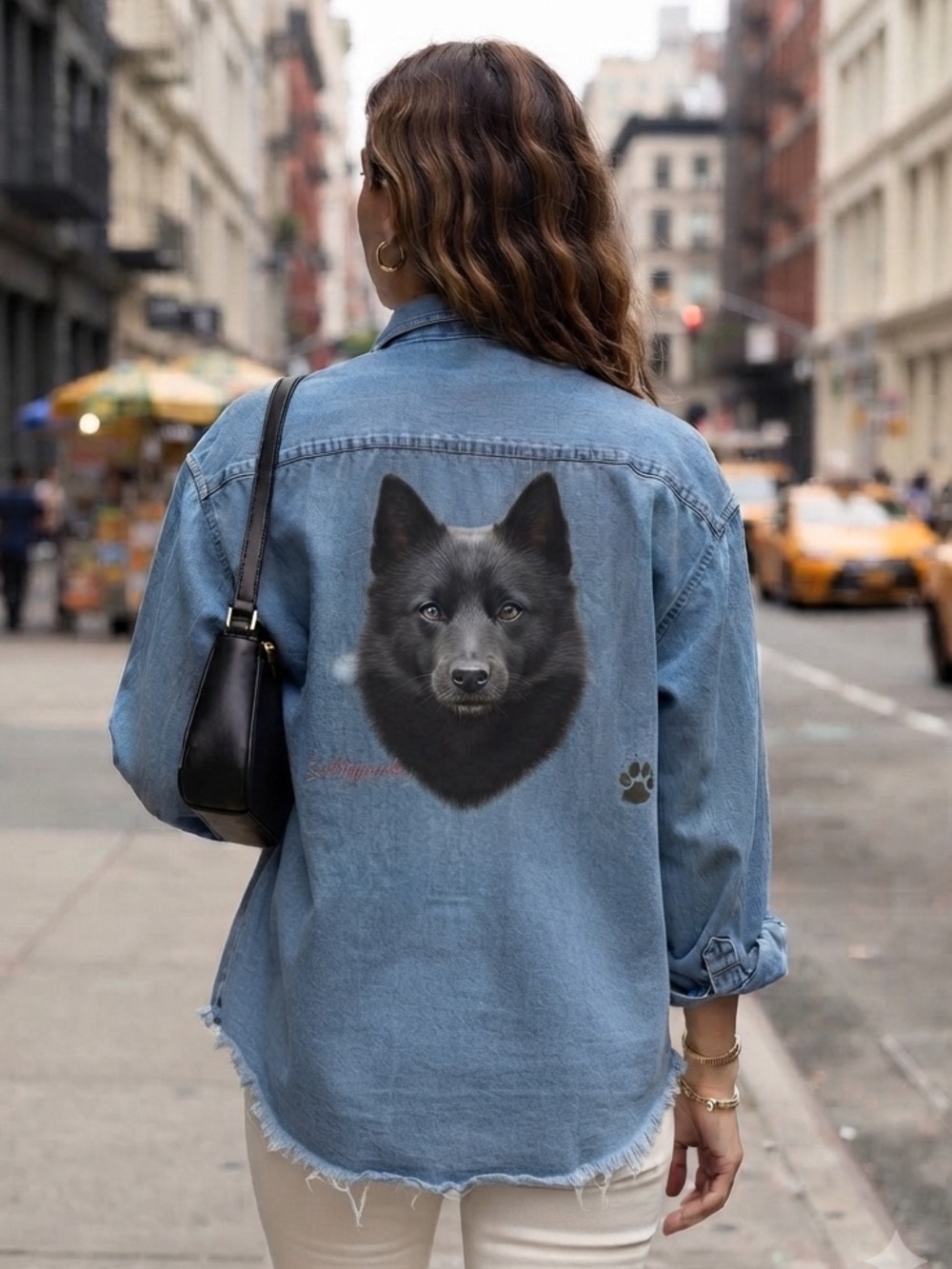 Vintage Outrageous Sports Schipperke Dog Print Denim Button-Down Shirt L
